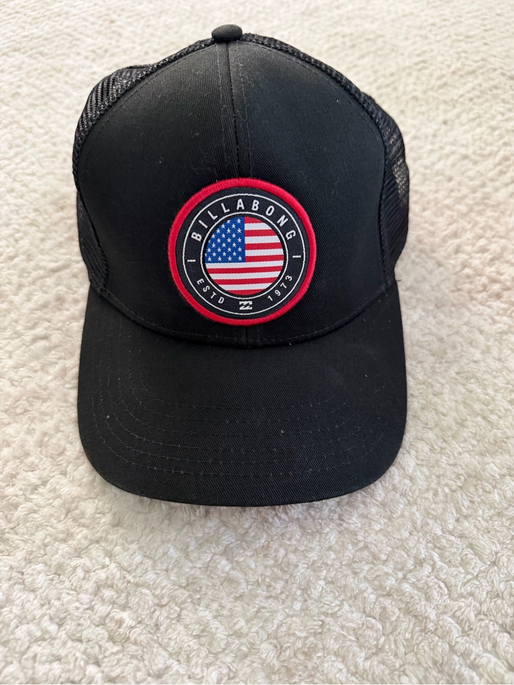 Billabong Black Trucker Hat with Red, White & Blue Patch